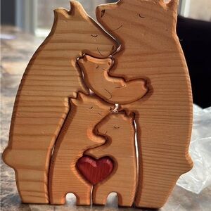 Wooden Bear Family Figurine with Heart